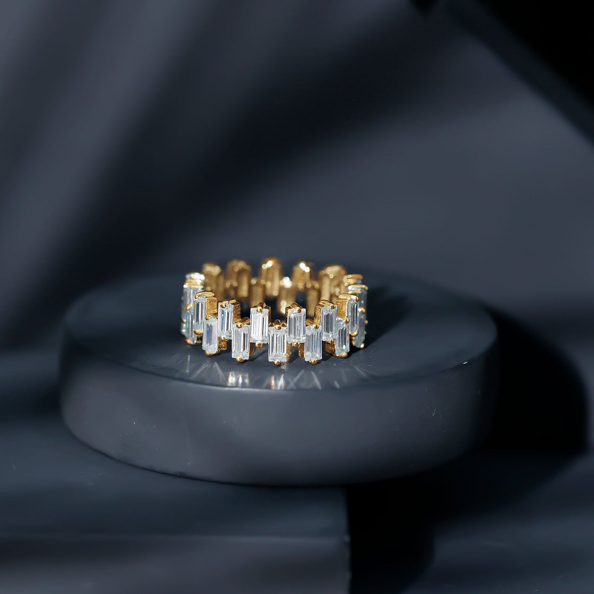 Certified Moissanite Baguette Eternity Band Ring from Rosec Jewels featuring a continuous row of sparkling baguette-cut moissanite stones.