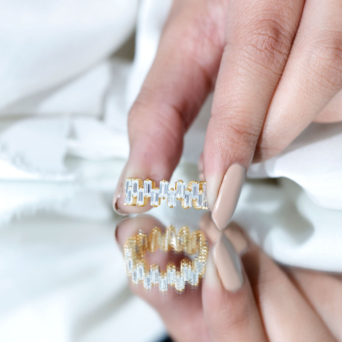 Certified Moissanite Baguette Eternity Band Ring from Rosec Jewels featuring sparkling baguette-cut moissanite stones in a continuous circle.