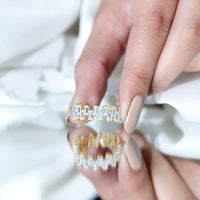 Certified Moissanite Baguette Eternity Band Ring from Rosec Jewels featuring sparkling baguette-cut moissanite stones in a continuous circle.