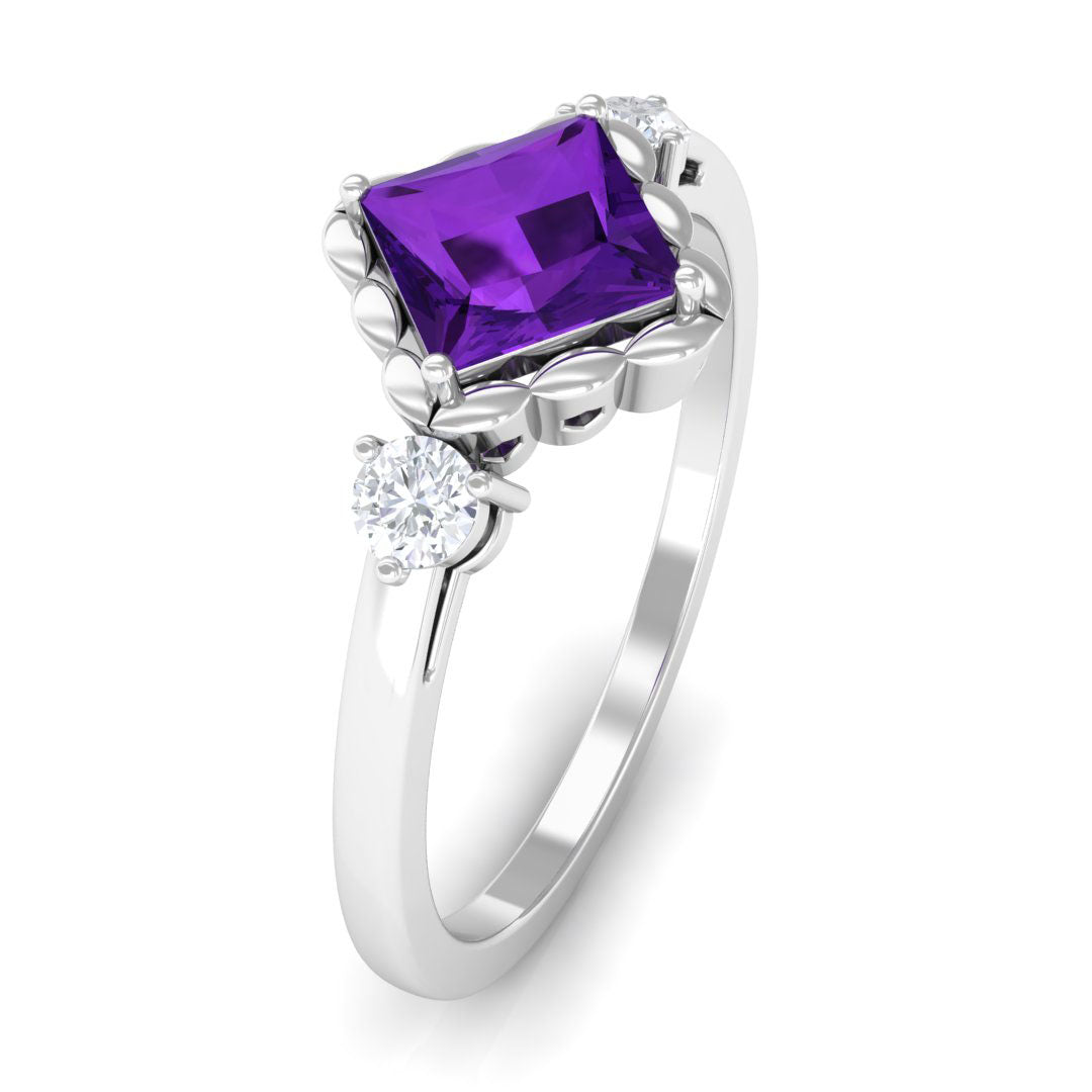 Rosec Jewels 1.2 carat princess cut amethyst engagement ring with diamond accents, showcasing a stunning purple gemstone and elegant band.