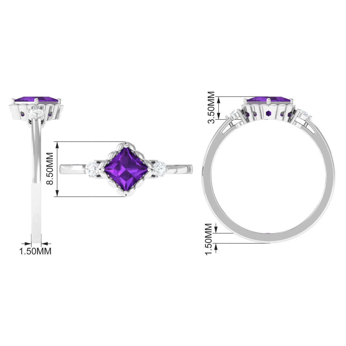 Rosec Jewels 1.2 Carat Princess Cut Amethyst engagement ring with diamond accents, featuring a sterling silver band and intricate design.