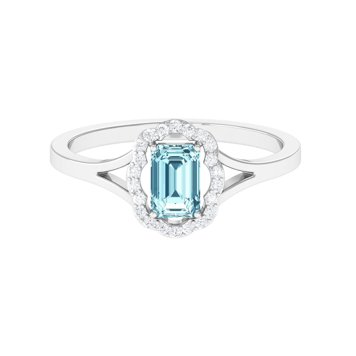 Emerald cut aquamarine engagement ring with diamond floral halo and rose gold band from Rosec Jewels.