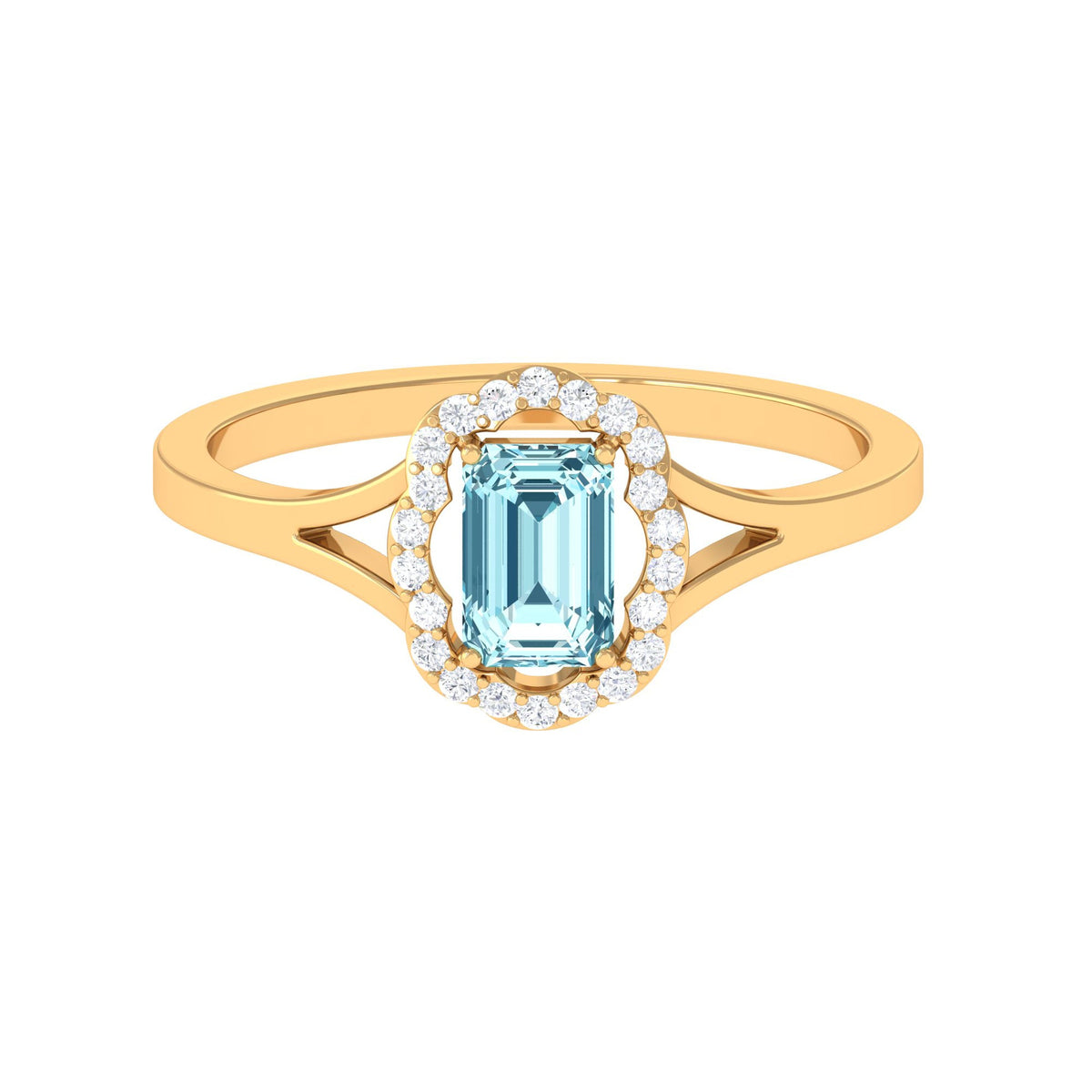 Emerald cut aquamarine engagement ring with diamond floral halo setting, showcasing intricate design and sparkling gemstones.