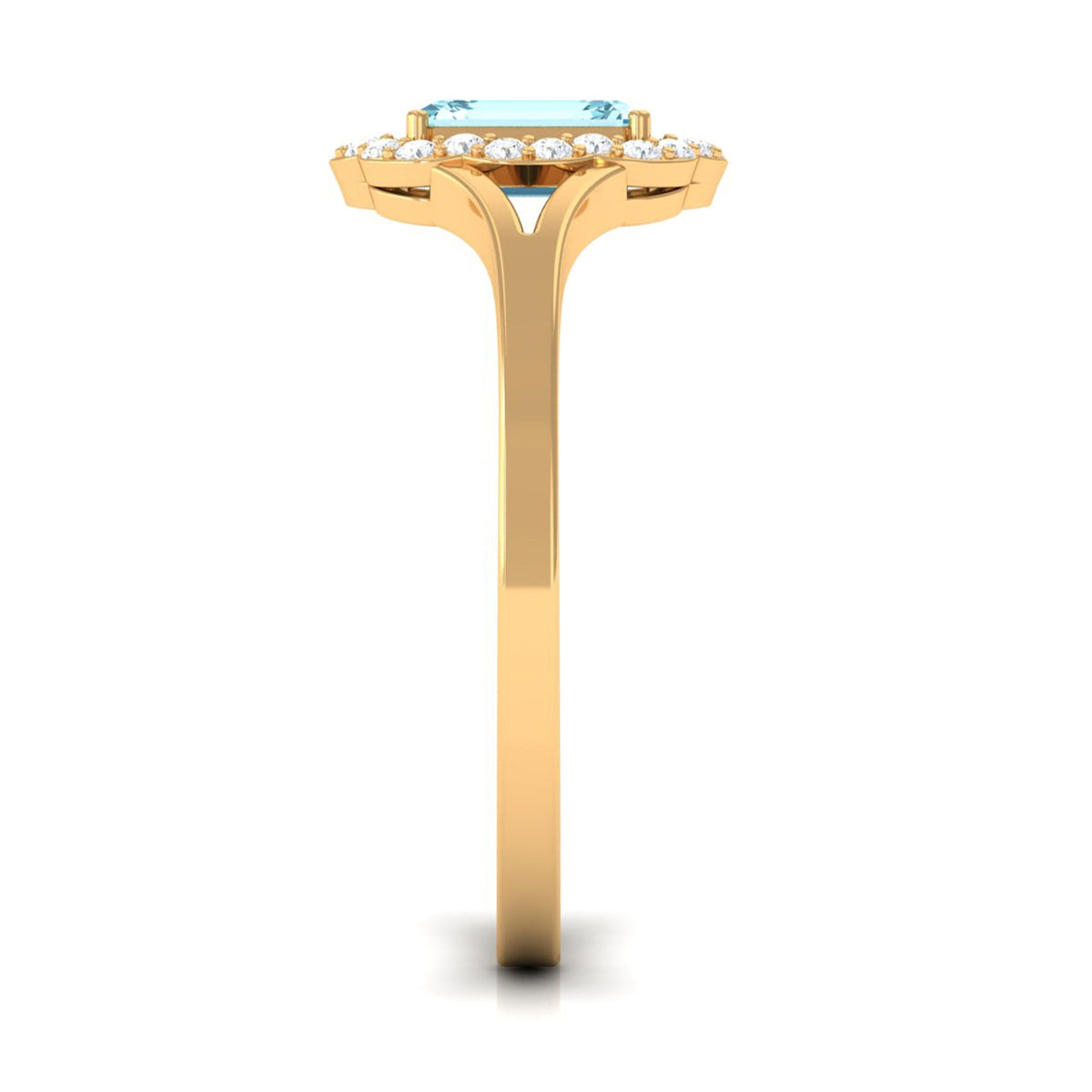 Emerald cut aquamarine engagement ring with diamond floral halo by Rosec Jewels, showcasing the detailed ring design and sparkling stones.