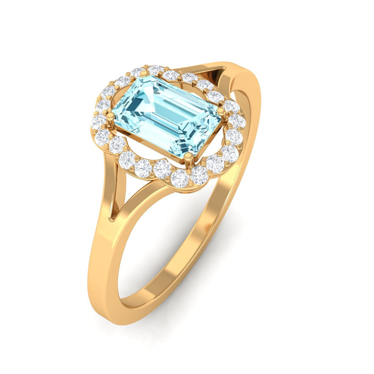 Emerald cut aquamarine engagement ring with diamond floral halo by Rosec Jewels, featuring a sparkling blue gemstone and intricate floral design.