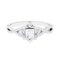 Natural Princess Cut Diamond Flower Engagement Ring with Crossover Shank
