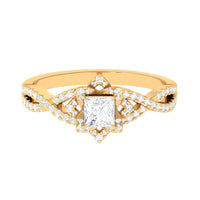 Natural Princess Cut Diamond Flower Engagement Ring with Crossover Shank