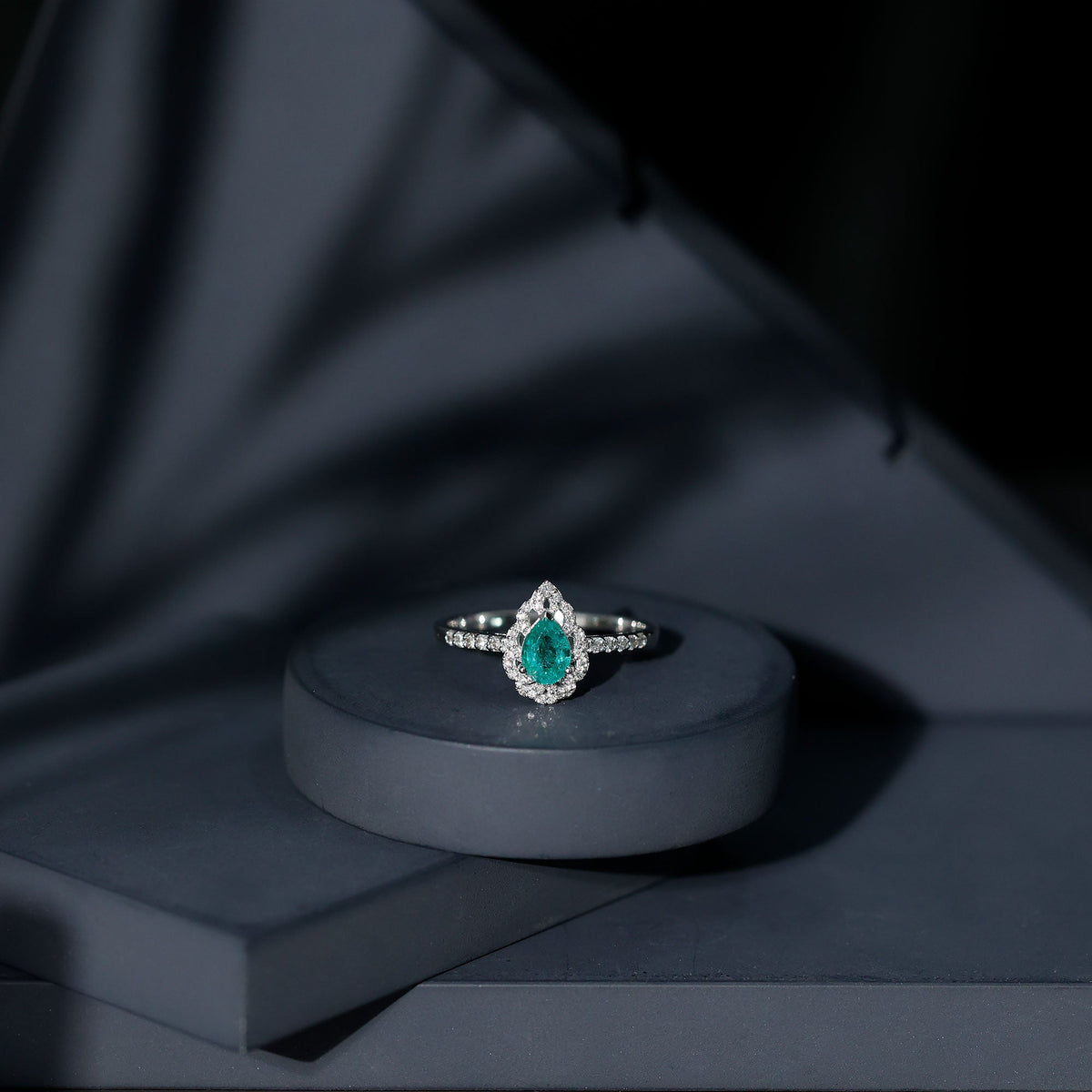 Pear Shaped Emerald Nature Engagement Ring with Diamond