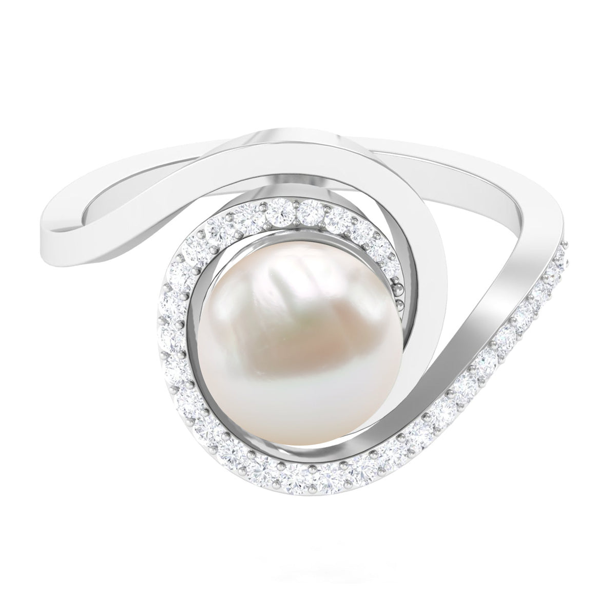 Natural 7.4 carat freshwater pearl engagement ring with diamond bypass shank by Rosec Jewels, featuring elegant design and sparkling accents.