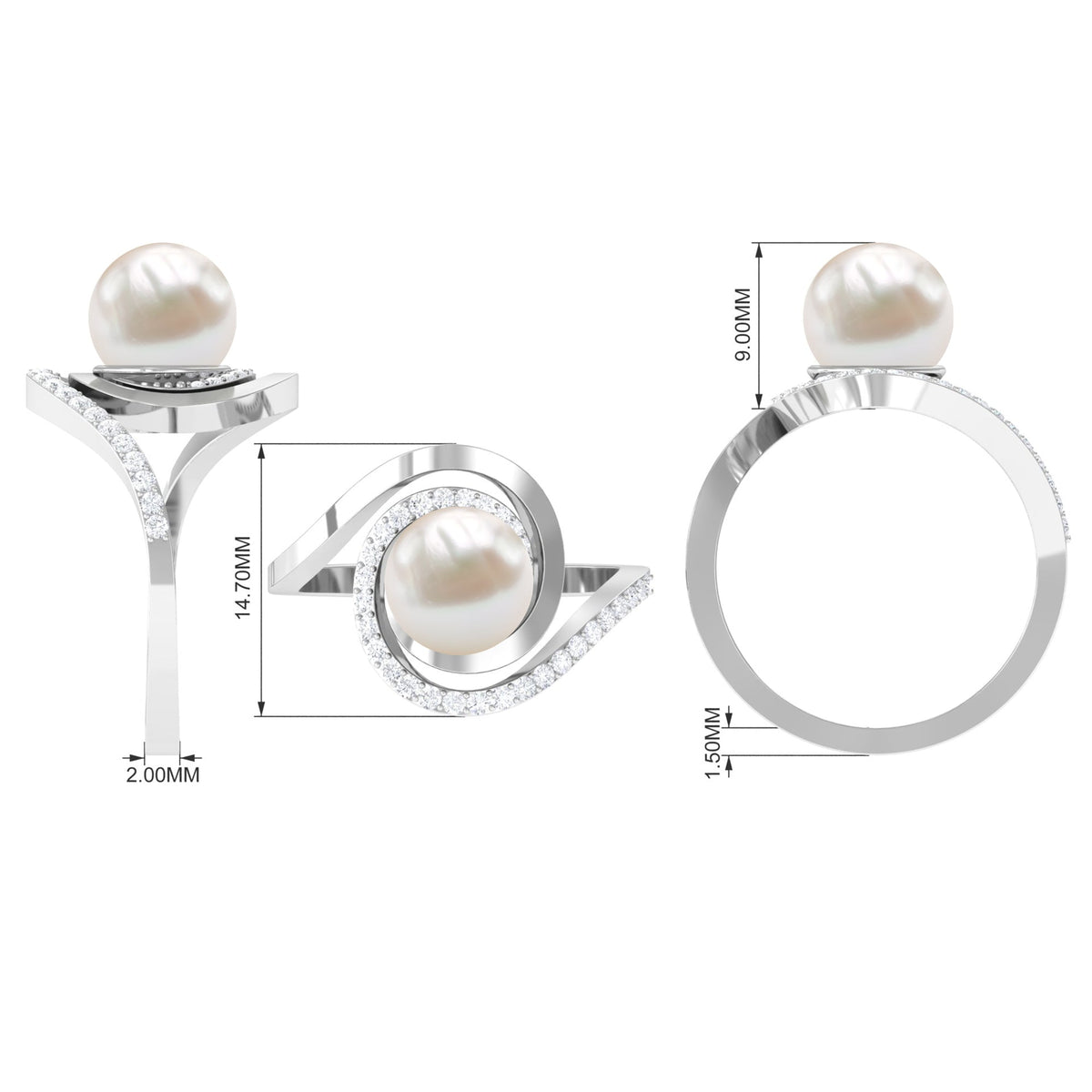 Natural 7.4 carat freshwater pearl engagement ring with diamond bypass shank from Rosec Jewels, featuring elegant design and fine craftsmanship.