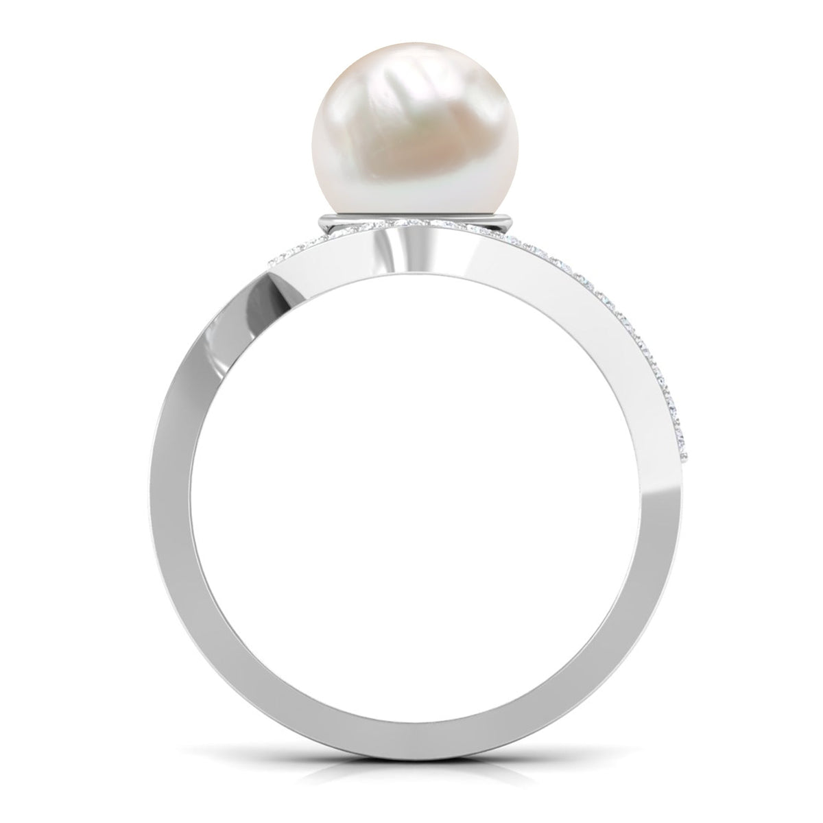 Natural 7.4 carat freshwater pearl engagement ring with diamond bypass shank, featuring elegant rose gold design by Rosec Jewels