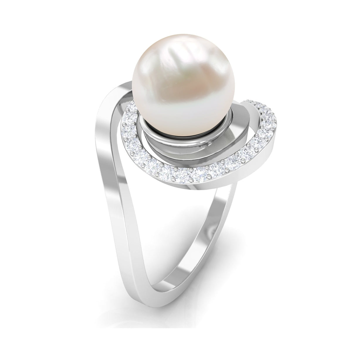 Natural 7.4 carat freshwater pearl engagement ring with diamond bypass shank by Rosec Jewels, showcasing elegant design and craftsmanship.