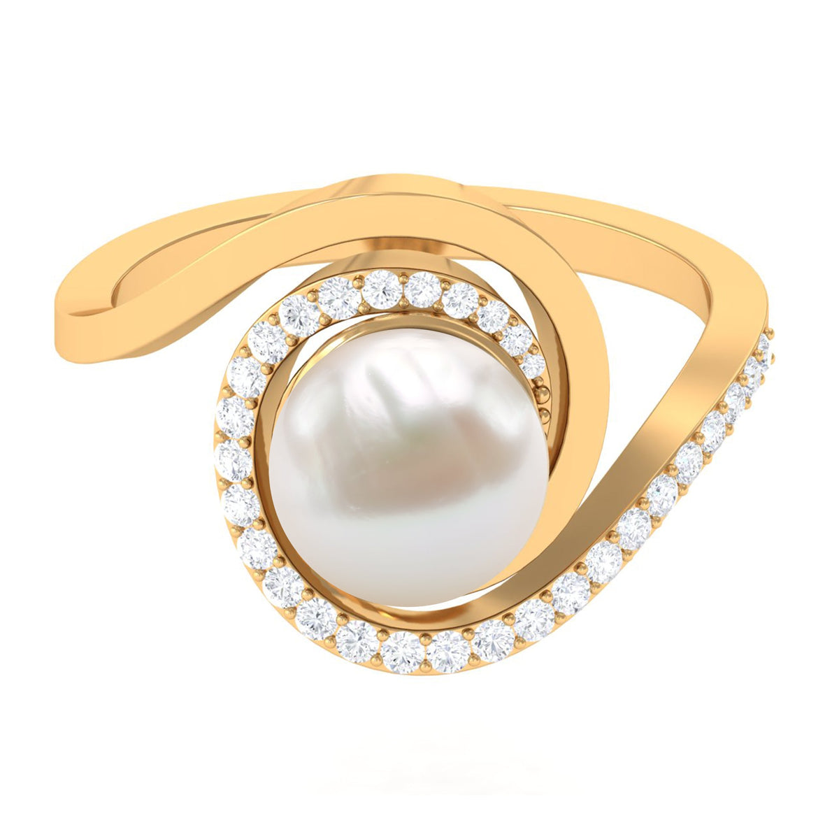 Natural 7.4 carat freshwater pearl engagement ring with diamond bypass shank by Rosec Jewels, featuring a elegant design.