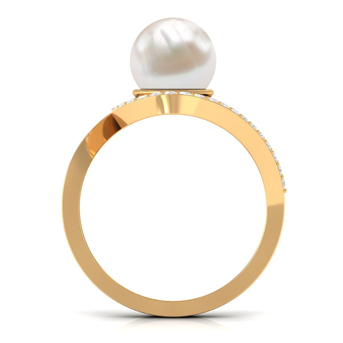 Natural 7.4 carat freshwater pearl engagement ring with diamond bypass shank from Rosec Jewels, showcasing elegant pearl and sparkling diamonds.