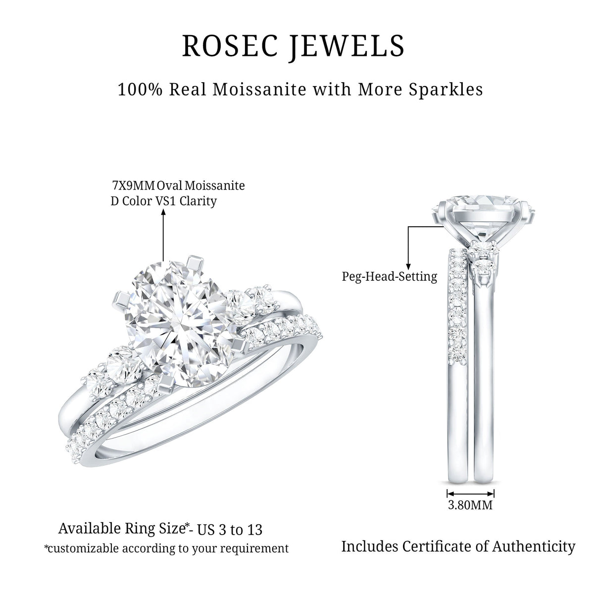 Certified Oval Cut Moissanite Engagement Ring with Wedding Band Set
