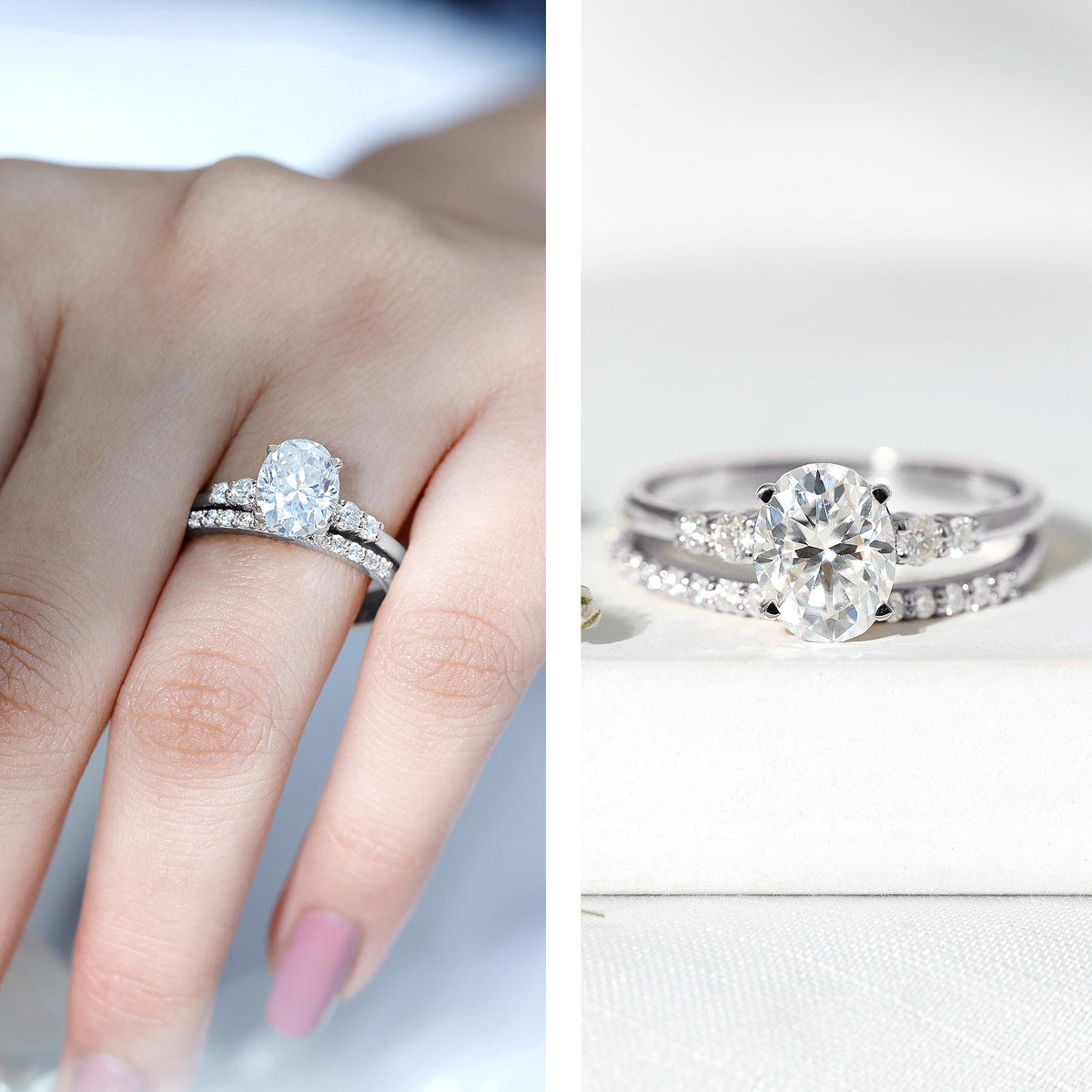 Certified Oval Cut Moissanite Engagement Ring with Wedding Band Set