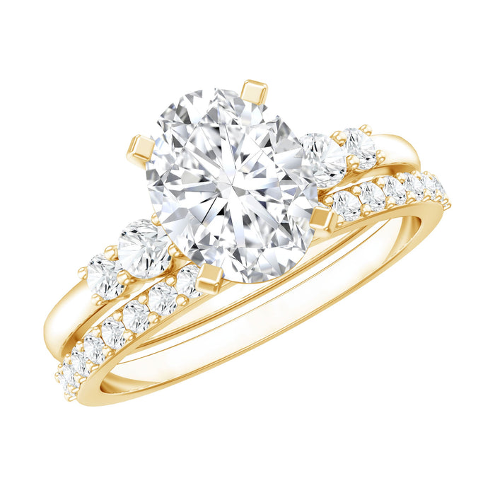 Oval cut moissanite engagement ring and wedding band set by Rosec Jewels featuring sparkling stone settings and elegant design.