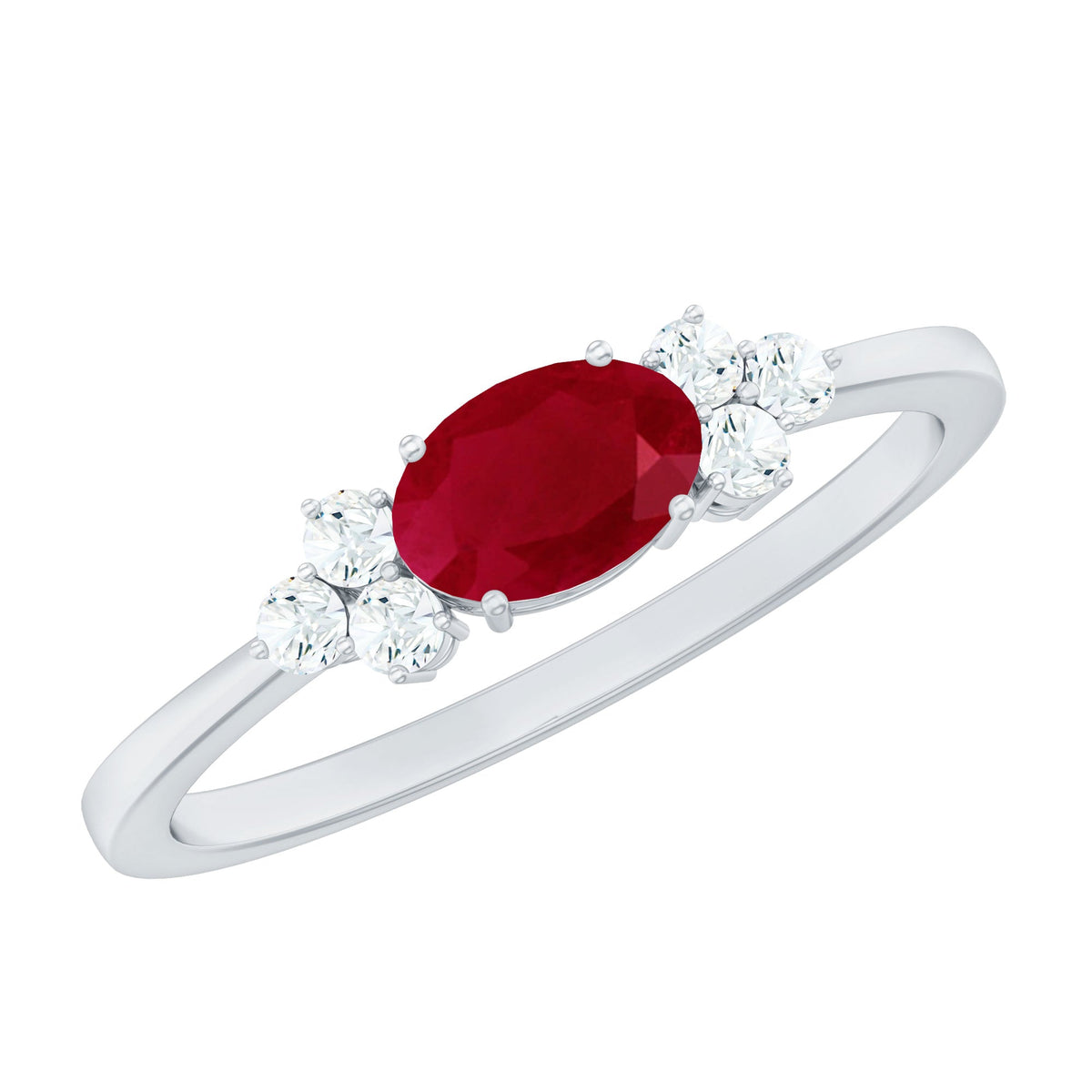 East West style 0.6 carat ruby oval promise ring with diamond accents by Rosec Jewels, showcasing a sleek gold band and vibrant gemstone.