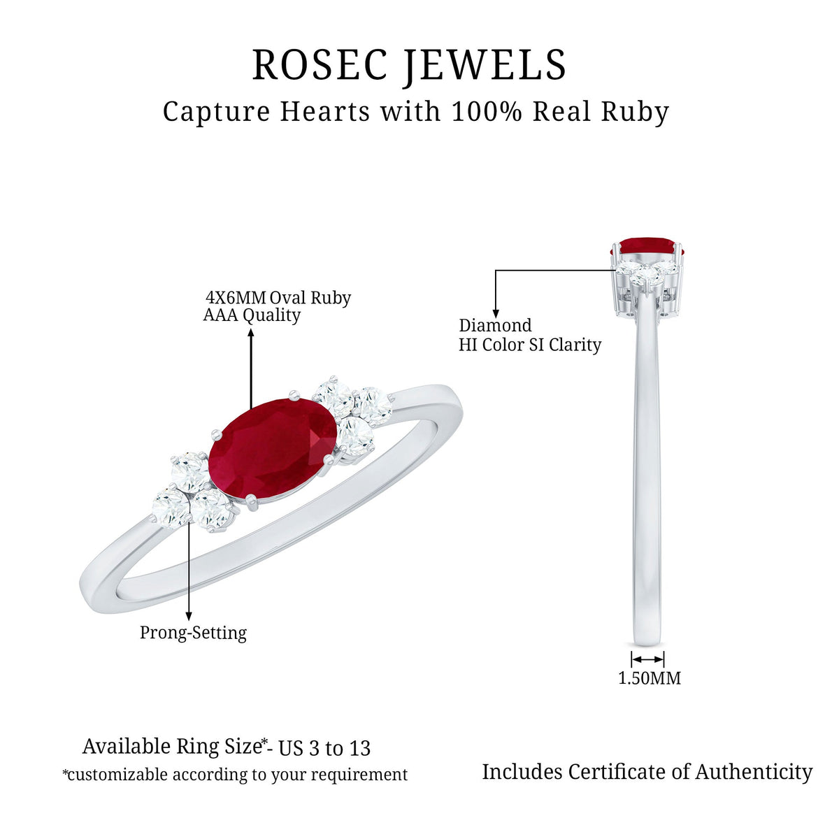 East West Style 0.6 Carat Ruby Oval Promise Ring with Diamonds by Rosec Jewels, showcasing a ruby and diamond accents on a ring.