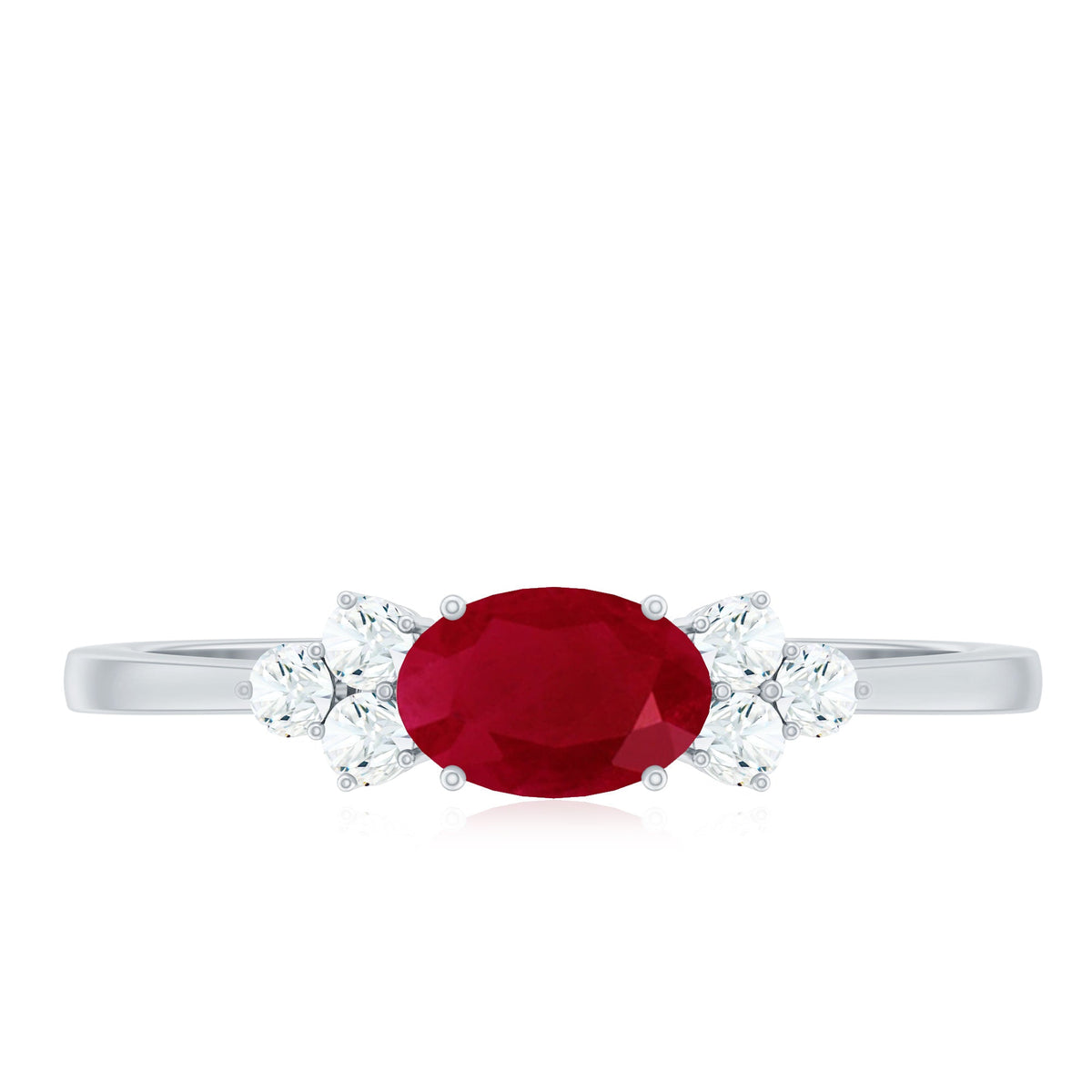 East West style 0.6 carat ruby oval promise ring with diamond accents by Rosec Jewels, featuring a stunning ruby and diamond design.