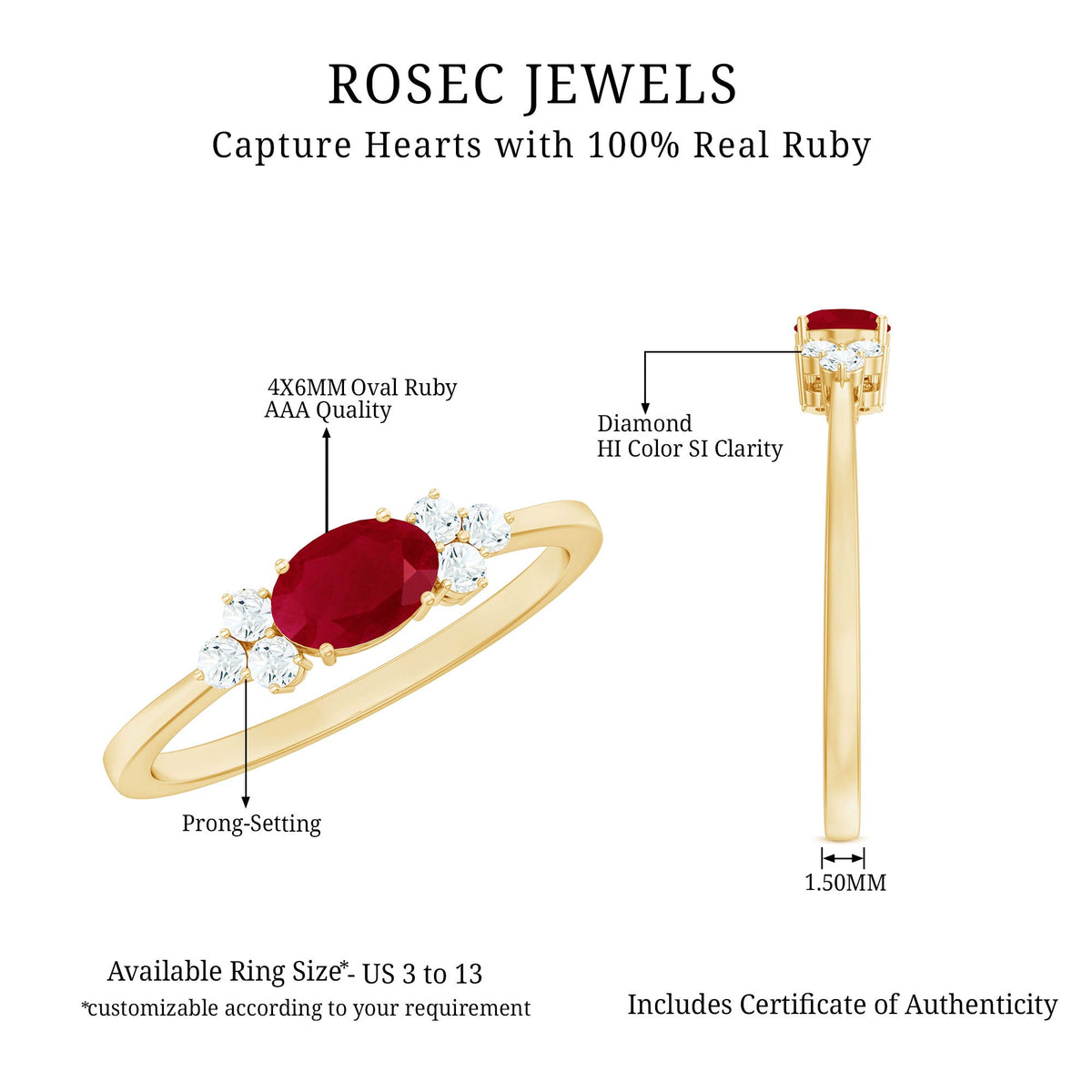 East West style 0.6 carat ruby oval promise ring with diamonds by Rosec Jewels, showcasing the elegant ring design.