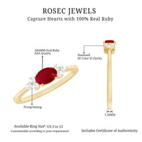 East West style 0.6 carat ruby oval promise ring with diamonds by Rosec Jewels, showcasing the elegant ring design.