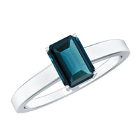 Rosec Jewels 6x8mm London Blue Topaz solitaire ring featuring an emerald cut gemstone with certificate.