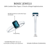 Emerald cut London Blue Topaz solitaire ring by Rosec Jewels featuring a 6x8mm gemstone and gemstone certificate.