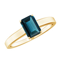 Rosec Jewels 6x8mm London Blue Topaz solitaire ring featuring emerald cut gemstone and certificate, showcasing elegant jewelry design.