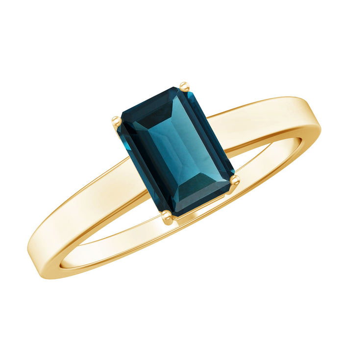 Rosec Jewels 6x8mm London Blue Topaz solitaire ring featuring emerald cut gemstone and certificate, showcasing elegant jewelry design.