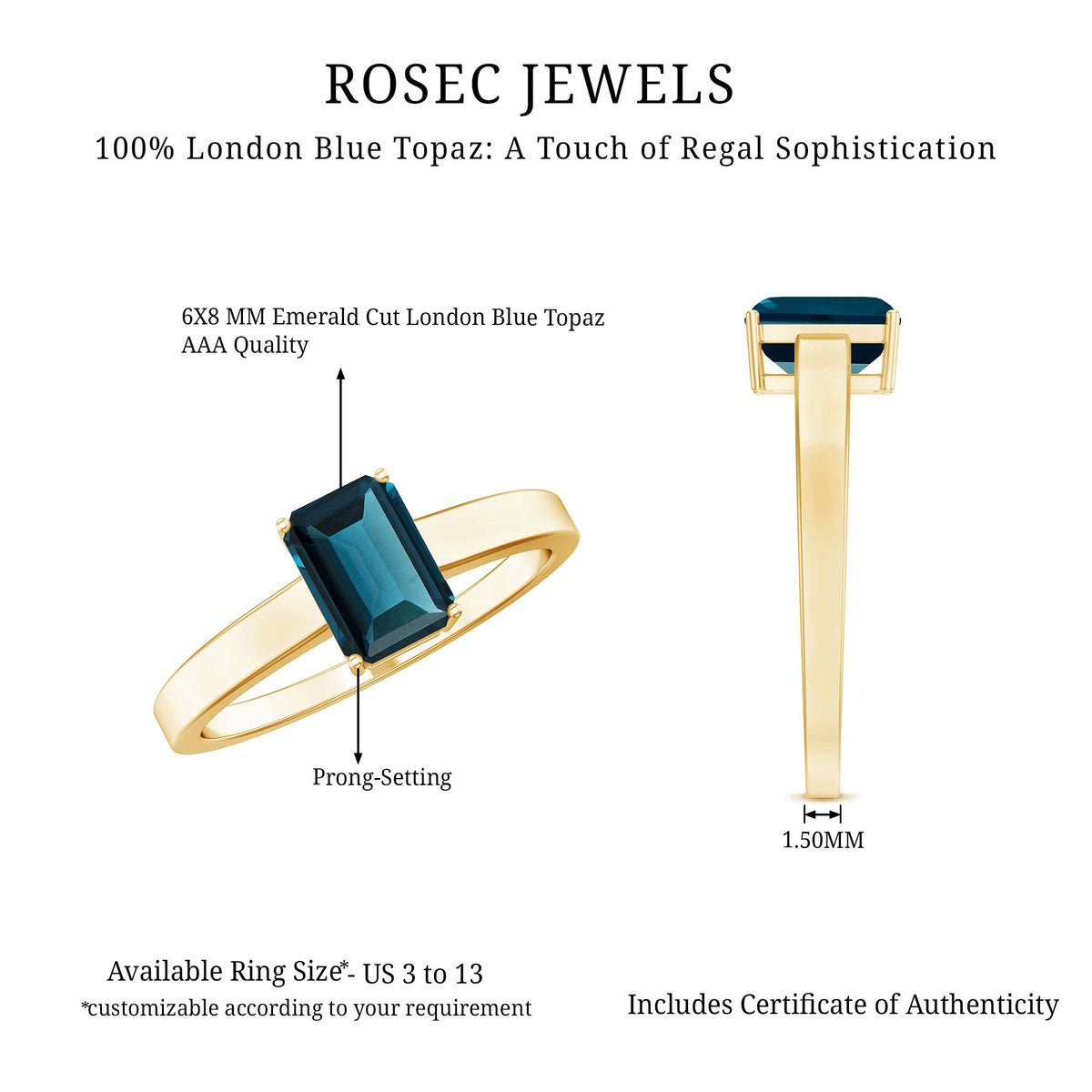 Rosec Jewels 6x8mm London Blue Topaz solitaire ring with emerald cut and certification, featuring a sleek silver band.
