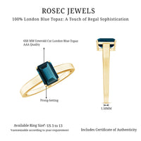 Rosec Jewels 6x8mm London Blue Topaz solitaire ring with emerald cut and certification, featuring a sleek silver band.