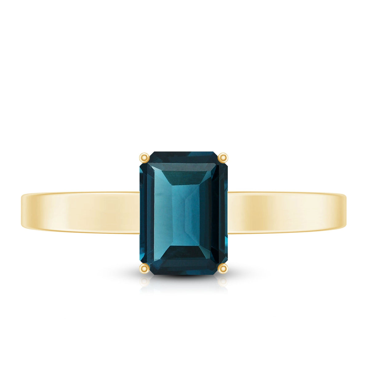 Emerald cut London Blue Topaz solitaire ring by Rosec Jewels featuring a 6x8mm gemstone and certificate.