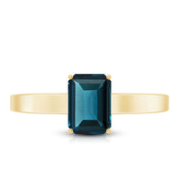 Emerald cut London Blue Topaz solitaire ring by Rosec Jewels featuring a 6x8mm gemstone and certificate.