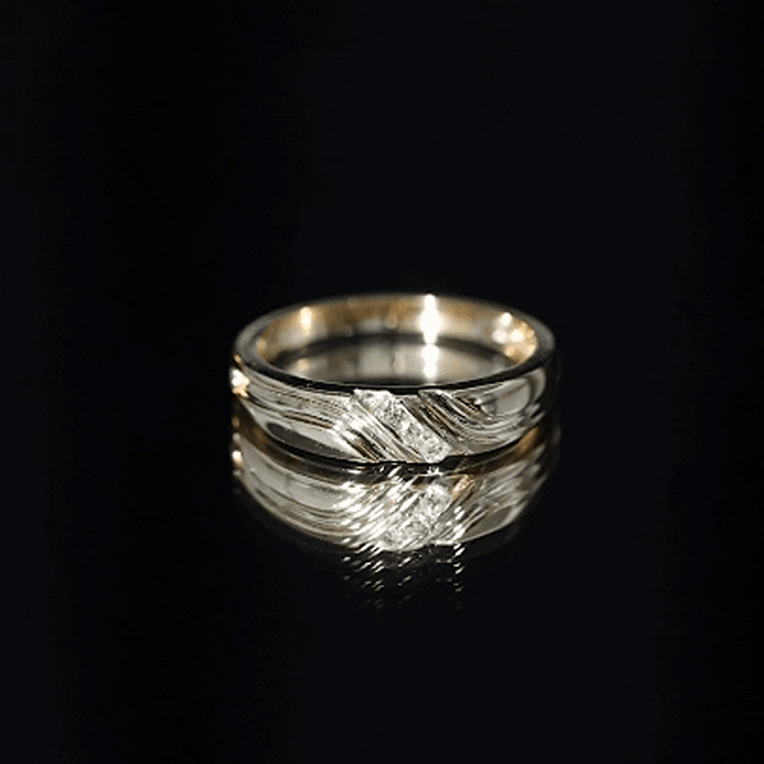Certified diamond three-stone men's ring by Rosec Jewels, featuring a sleek band with three sparkling diamonds and white metal finish.