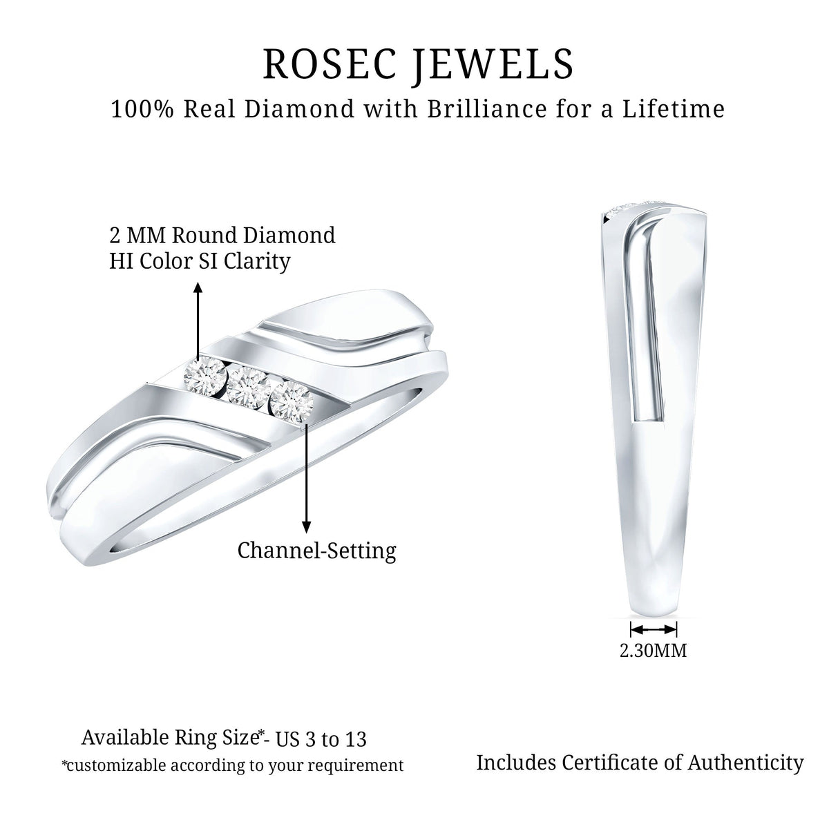 Certified diamond three stone band ring for men from Rosec Jewels, featuring three sparkling diamonds on a sleek metal band.