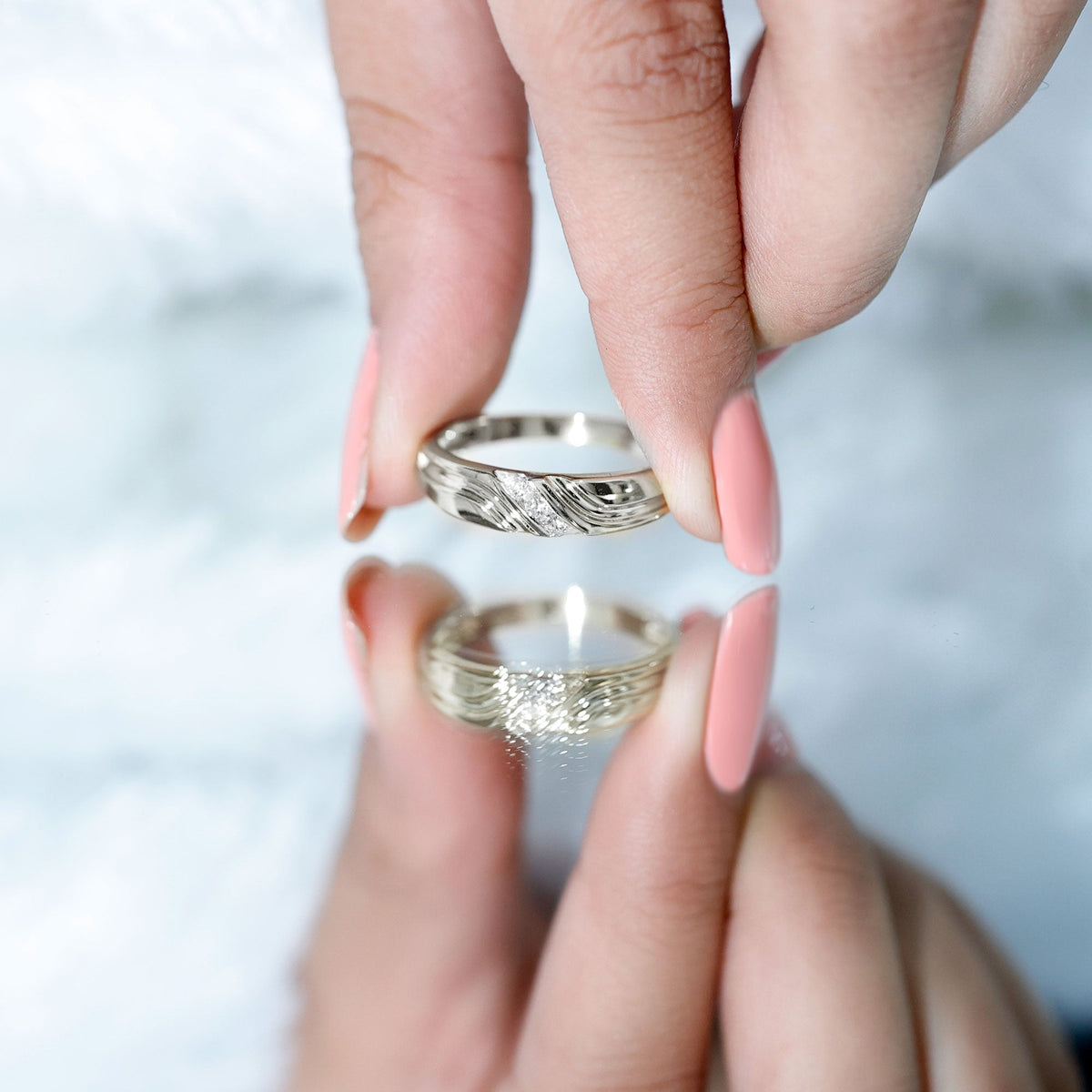 Certified diamond three stone men's band ring by Rosec Jewels featuring three sparkling diamonds on a sleek gold band.