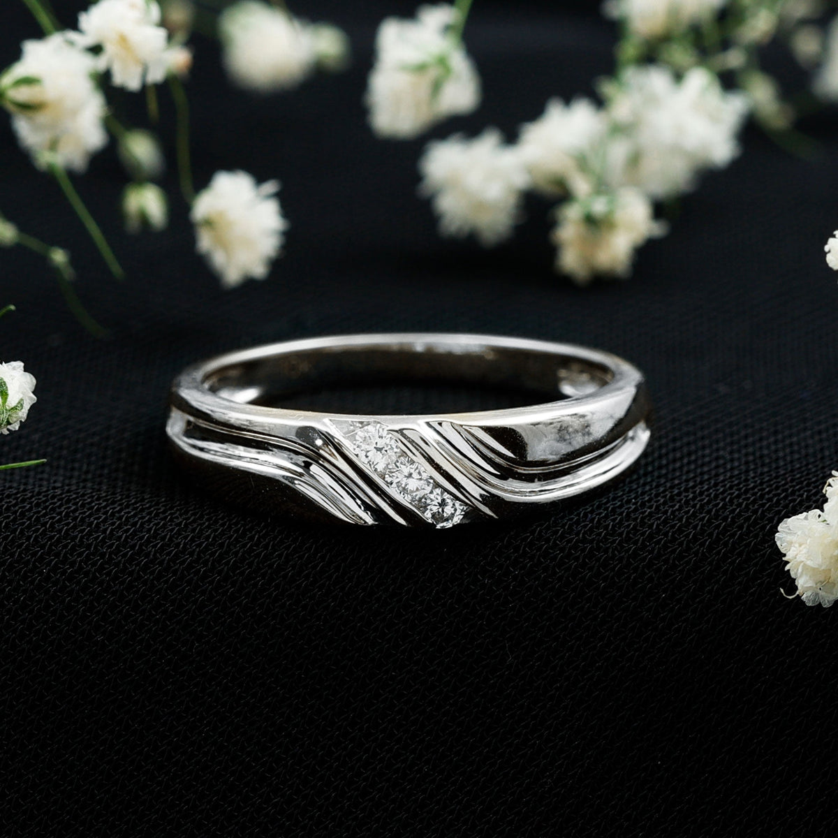 Certified diamond three stone band ring for men, Rosec Jewels men's rings showcasing a three-diamond design in silver.