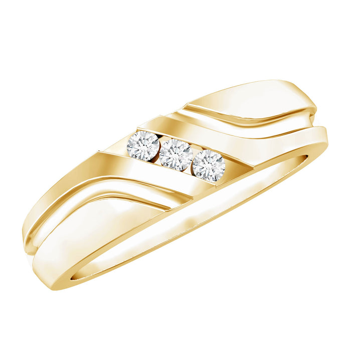 Certified diamond three stone band ring for men by Rosec Jewels, featuring a sleek gold band with three sparkling diamonds.