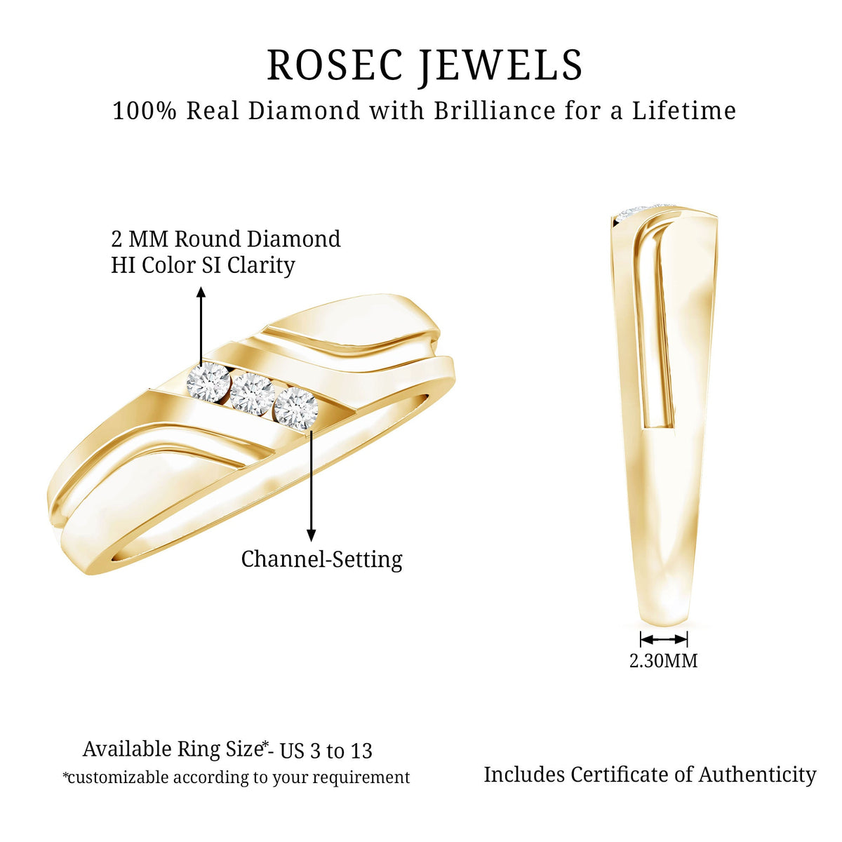 Certified diamond three stone band ring for men with rose gold setting, featuring three sparkling diamonds, by Rosec Jewels.