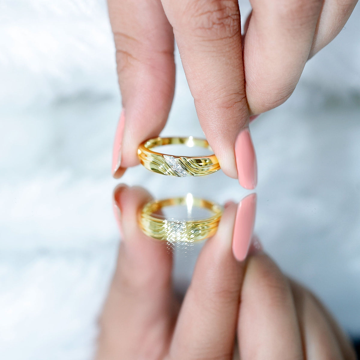 Certified diamond three-stone band ring for men by Rosec Jewels, showcasing a sleek silver design with sparkling diamonds.