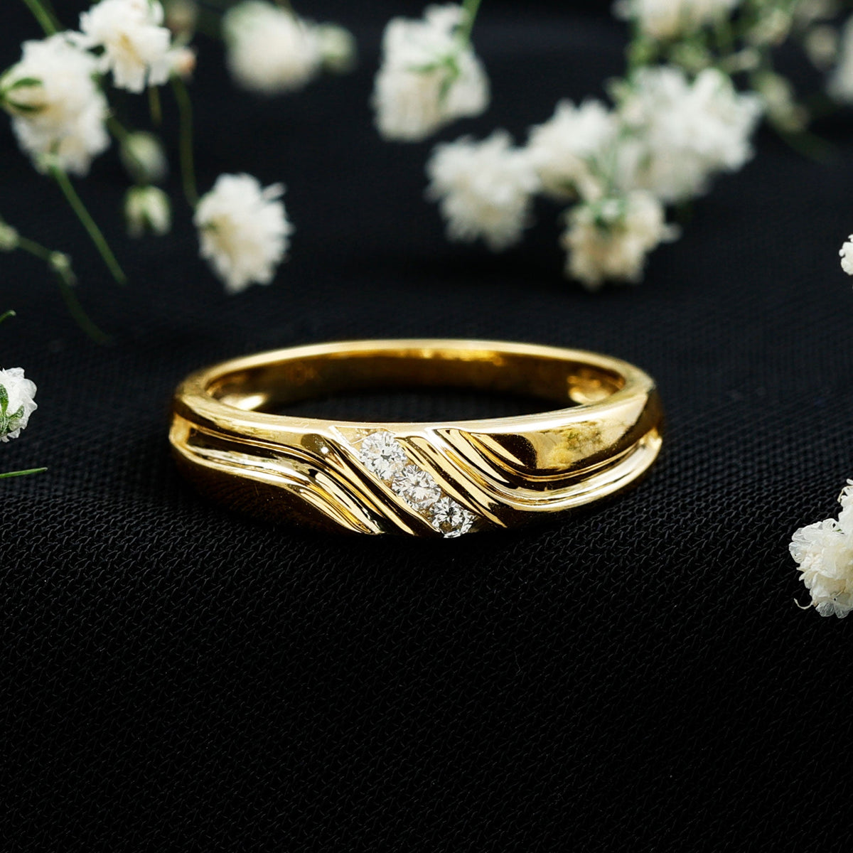 Certified diamond three stone band ring for men by Rosec Jewels, featuring three sparkling diamonds on a sleek metal band.