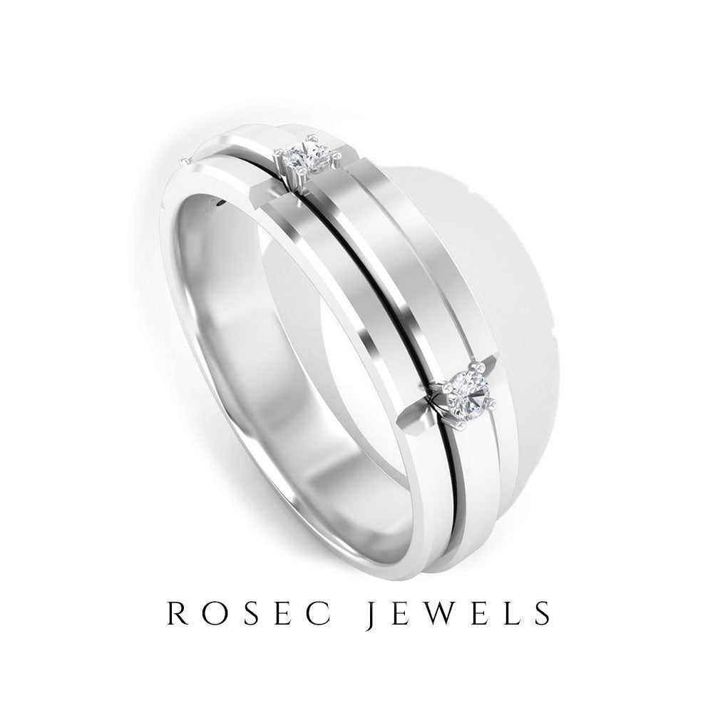 Natural men's diamond band ring by Rosec Jewels, showcasing a sleek silver band with a row of sparkling diamonds.