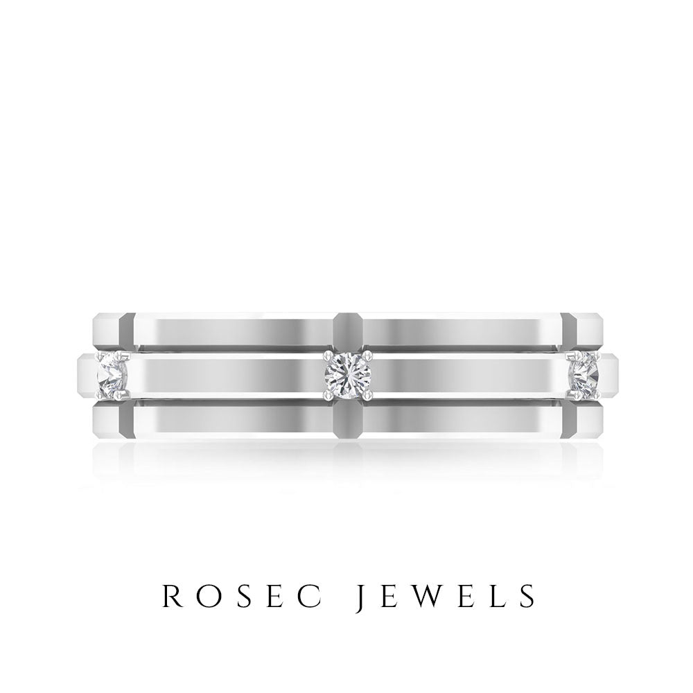 Natural men's diamond band ring by Rosec Jewels with certificate, featuring a sleek silver design and sparkling diamonds.