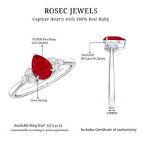 Pear-shaped 0.8 carat ruby engagement ring with diamond accents from Rosec Jewels, showcasing a elegant gemstone setting.