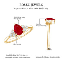 Pear-shaped 0.8 carat ruby engagement ring with diamonds from Rosec Jewels, showcasing a elegant natural ruby centerpiece.