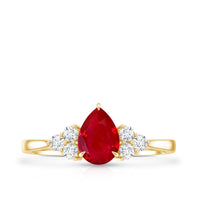 Pear-shaped 0.8 carat ruby engagement ring with diamond accents from Rosec Jewels, showcasing the elegant gemstone setting.