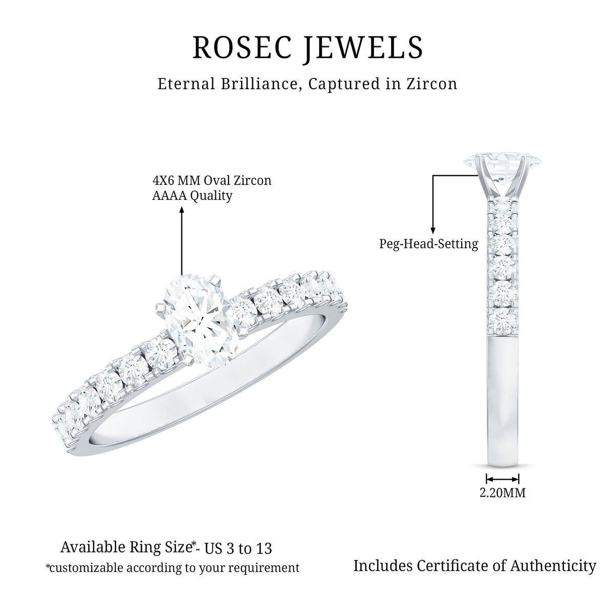 0.4 Carat Cubic Zirconia Oval Engagement Ring with Side Stones