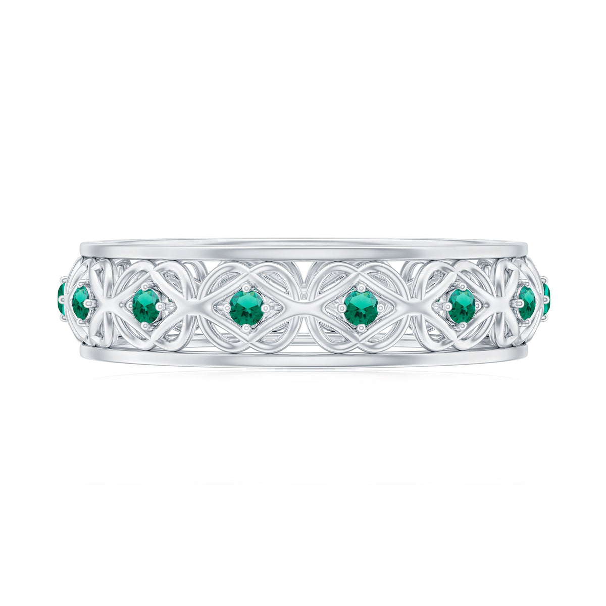 Vintage Inspired Lab Grown Emerald Celtic Wedding Band