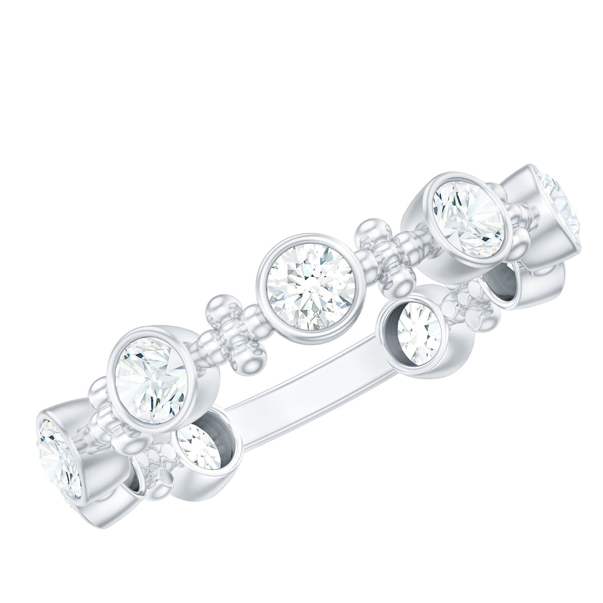 Rosec Jewels certified moissanite stackable wedding band in bezel setting, showcasing a sparkling ring with a sleek design.